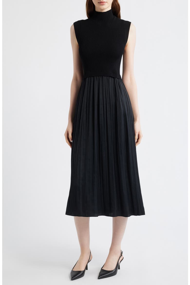 Mixed Media Rib Funnel Neck Midi Dress, Main, color, BLACK