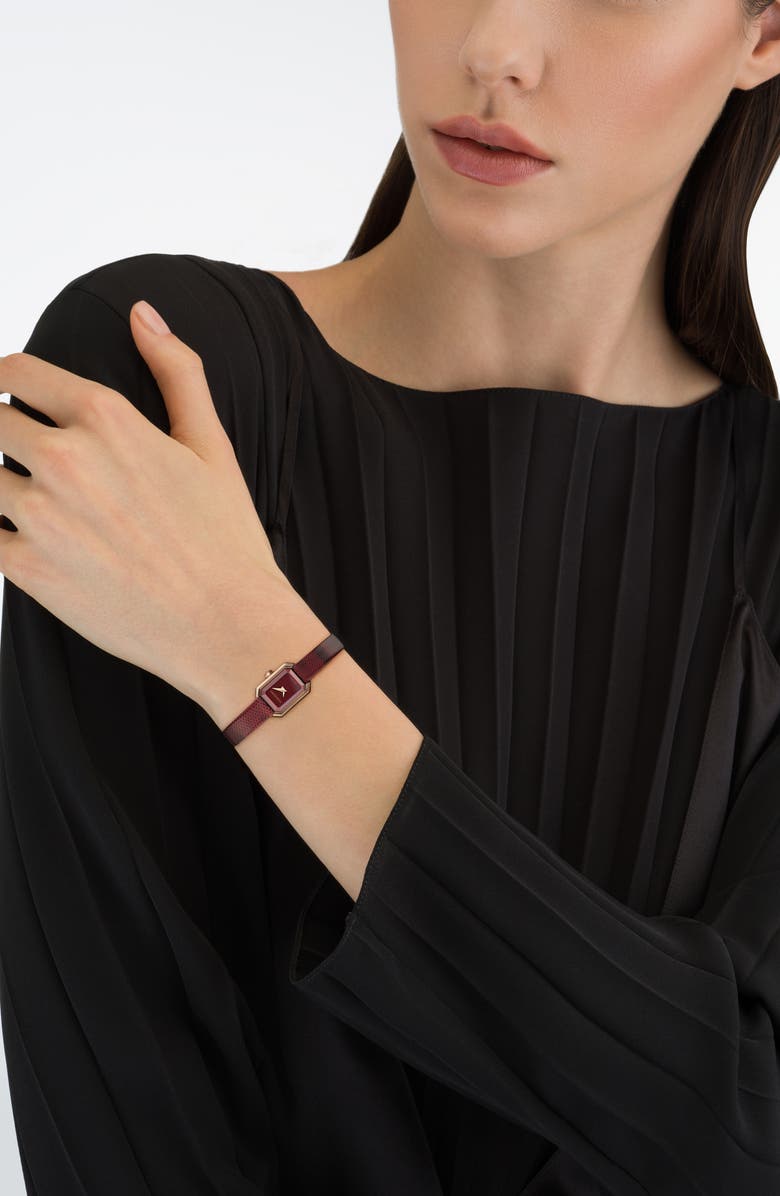 FERRAGAMO Crystal Petite Leather Strap Watch, 15mm x 20mm, Alternate, color, Ip Rose Gold/Embossed