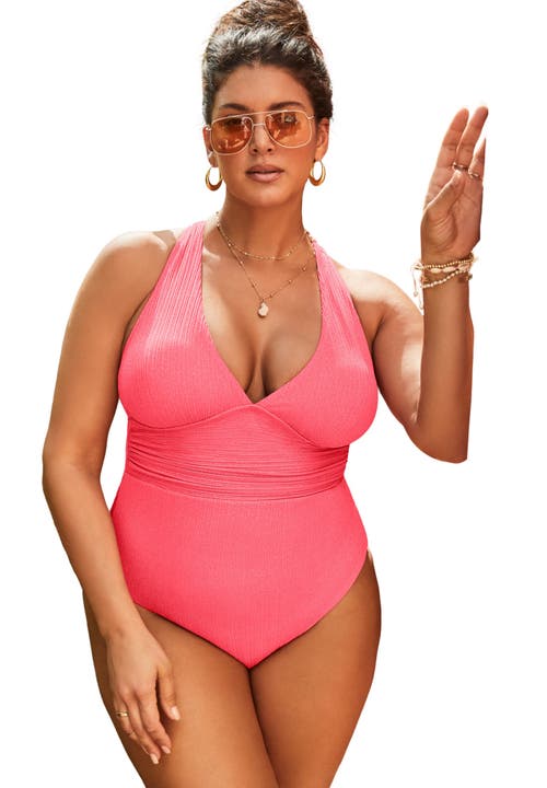 Swimsuits For All Sparkle Ribbed V-neck One Piece Swimsuit In Pink