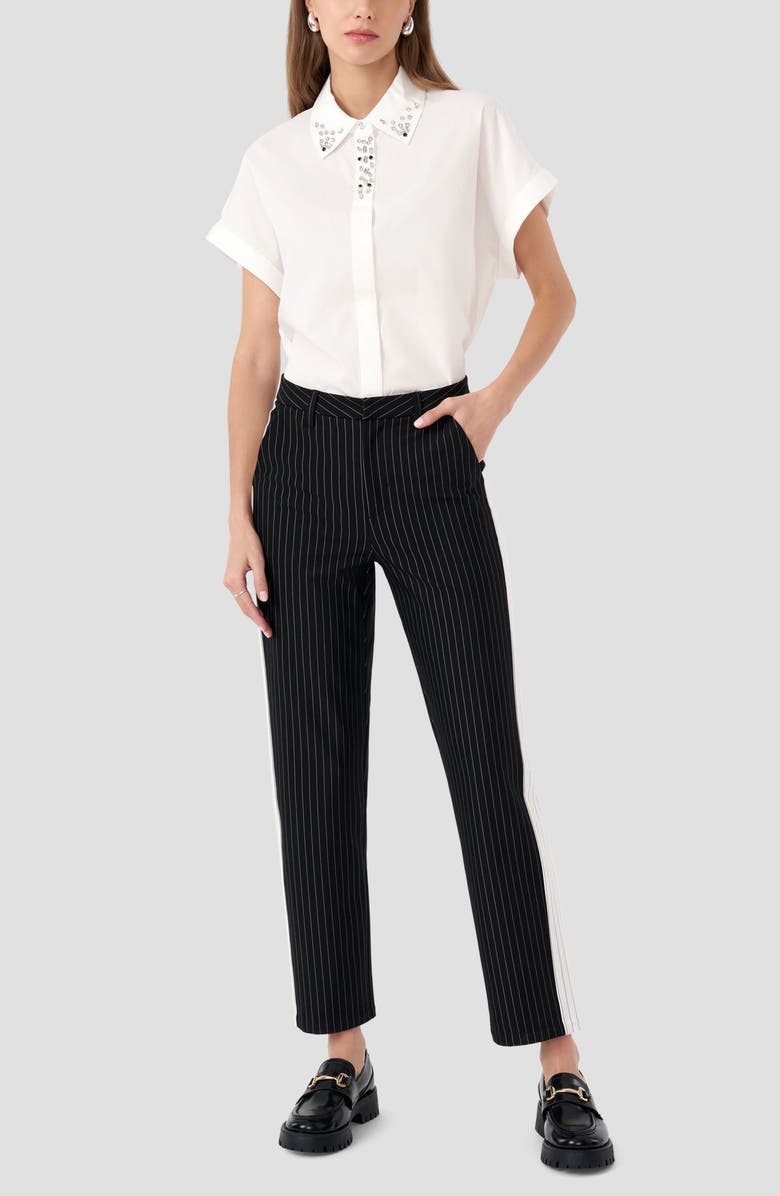 RM Rebecca Minkoff Pinstripe Pants, Alternate, color, Black