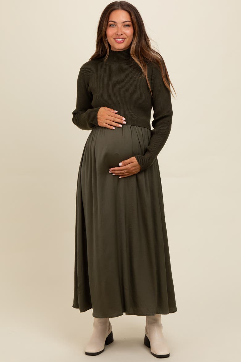 Knit Contrast Top Satin Midi Dress, Alternate, color, Olive Green