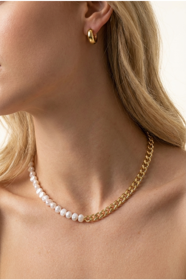 Baroque Pearl 18K Gold Plated Necklace And Gold Huggie Earring Set, Alternate, color, 18K Gold Plated / White Pearl
