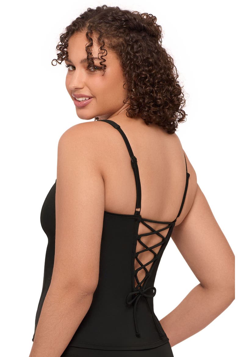 Supportive and Sculpting Square Neck Lace Back Tankini Swimsuit Top, Alternate, color, Onyx Black