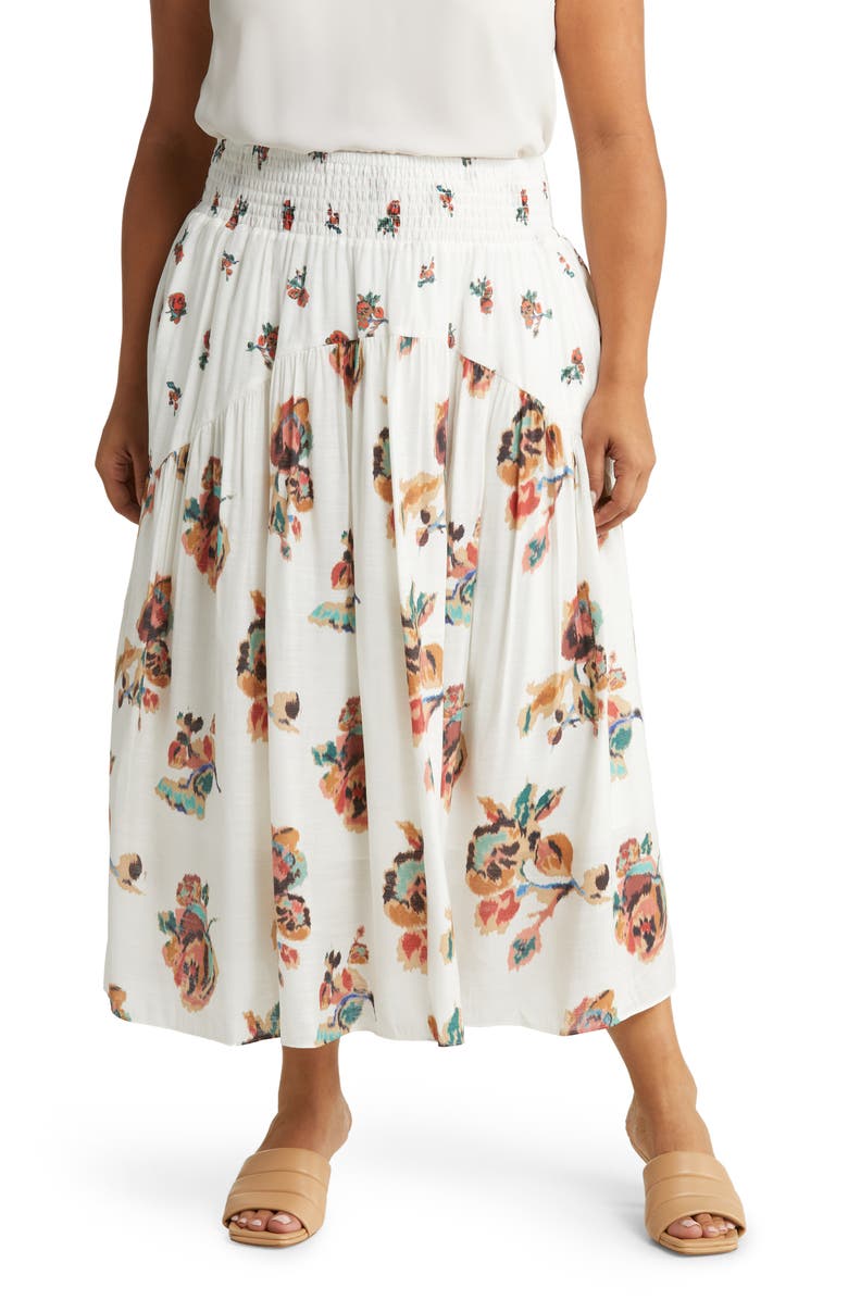 Vince Ikat Smocked Floral Print Skirt, Main, color, Optic White