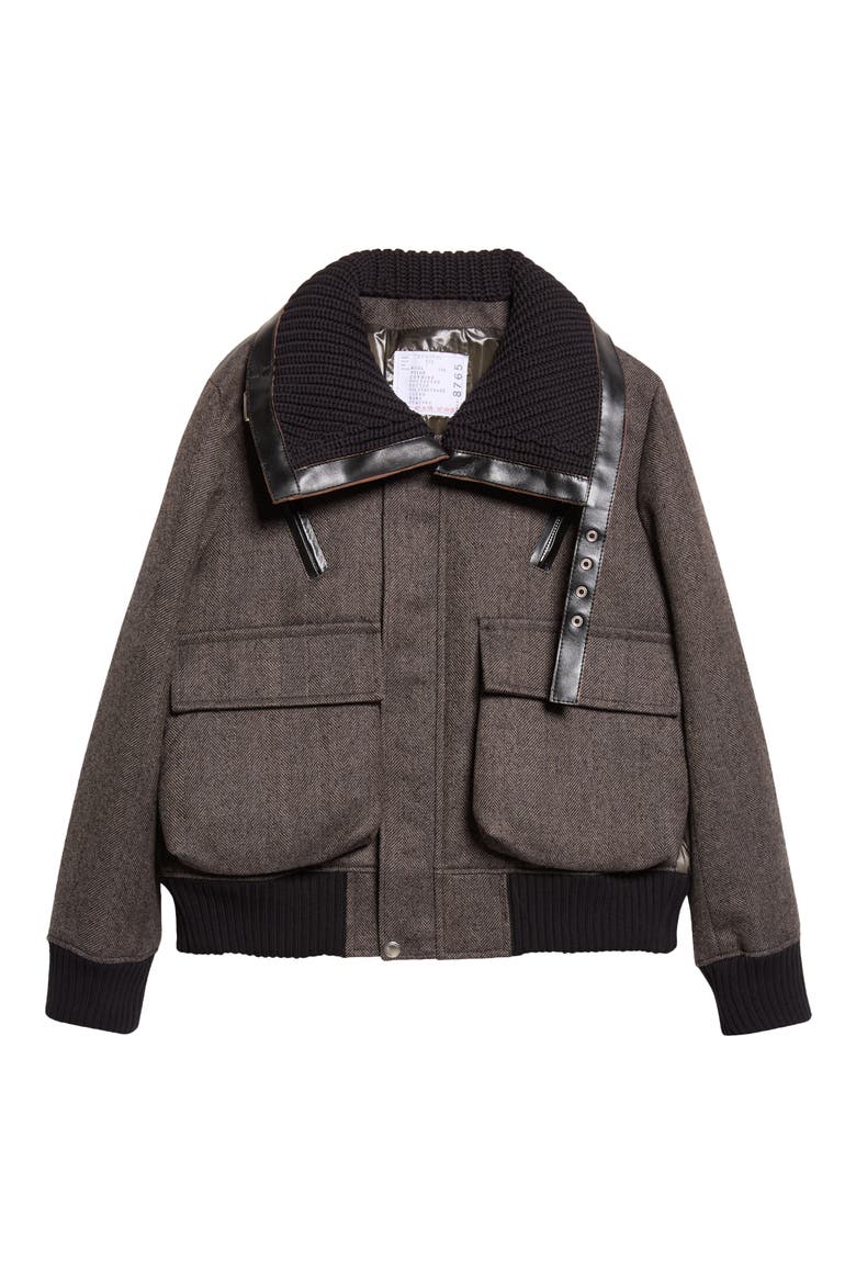Mixed Media Wool Herringbone & Nylon Down Puffer Jacket, Main, color, BROWN/ KHAKI