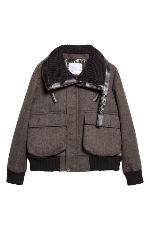 Mixed Media Wool Herringbone & Nylon Down Puffer Jacket