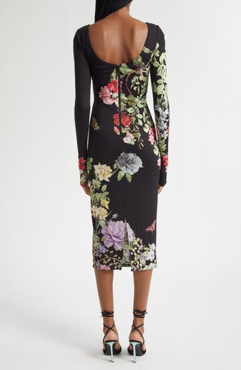 Delora Floral Print Long Sleeve Body-Con Dress