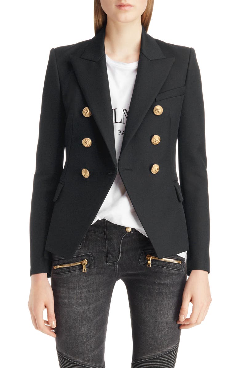 Balmain Double Breasted Wool Blazer, Main, color, Black
