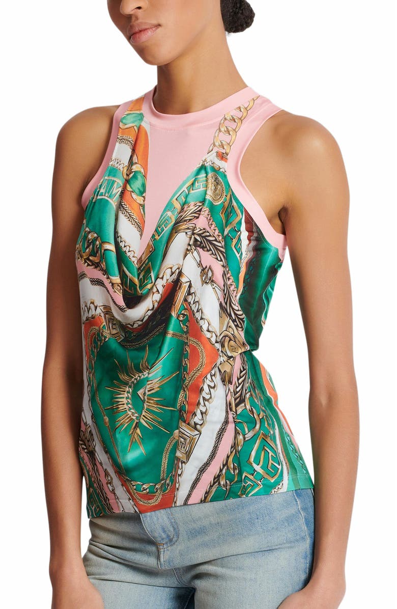 Balmain Trompe-l'oeil-style Balmain Foulard print vest top, Alternate, color, Multicolor