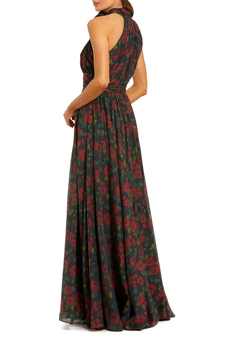 Women's Floral Chiffon 3D Flower Halter Neck Gown, Alternate, color, Black Multi