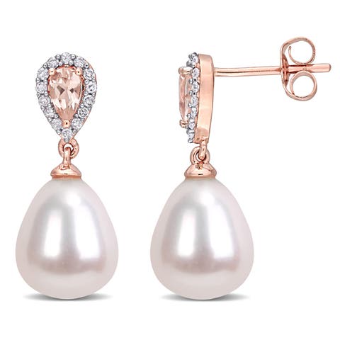 Pearl, Morganite & Diamond Drop Earrings 10k
