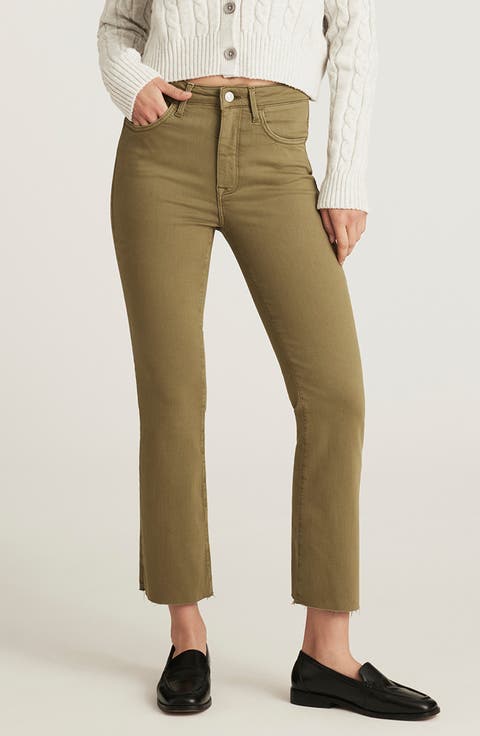Anika High Waist Raw Hem Crop Flare Jeans (Dark Olive Flex Blue)
