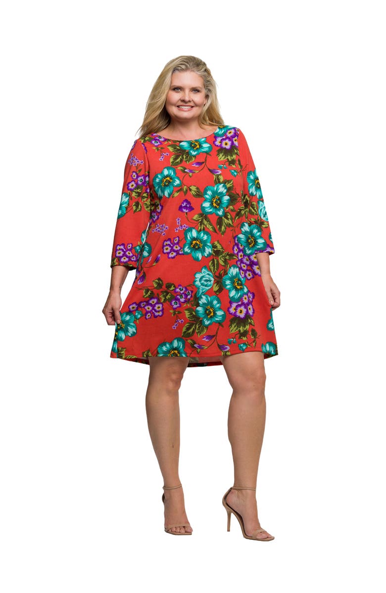 24seven Comfort Apparel Floral Print Three Quarter Sleeve A-Line Knee Length Dress, Alternate, color, Orange Multi