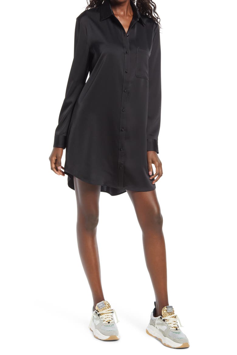 Hiedi Long Sleeve Shift Shirtdress, Main, color, BLACK SATIN
