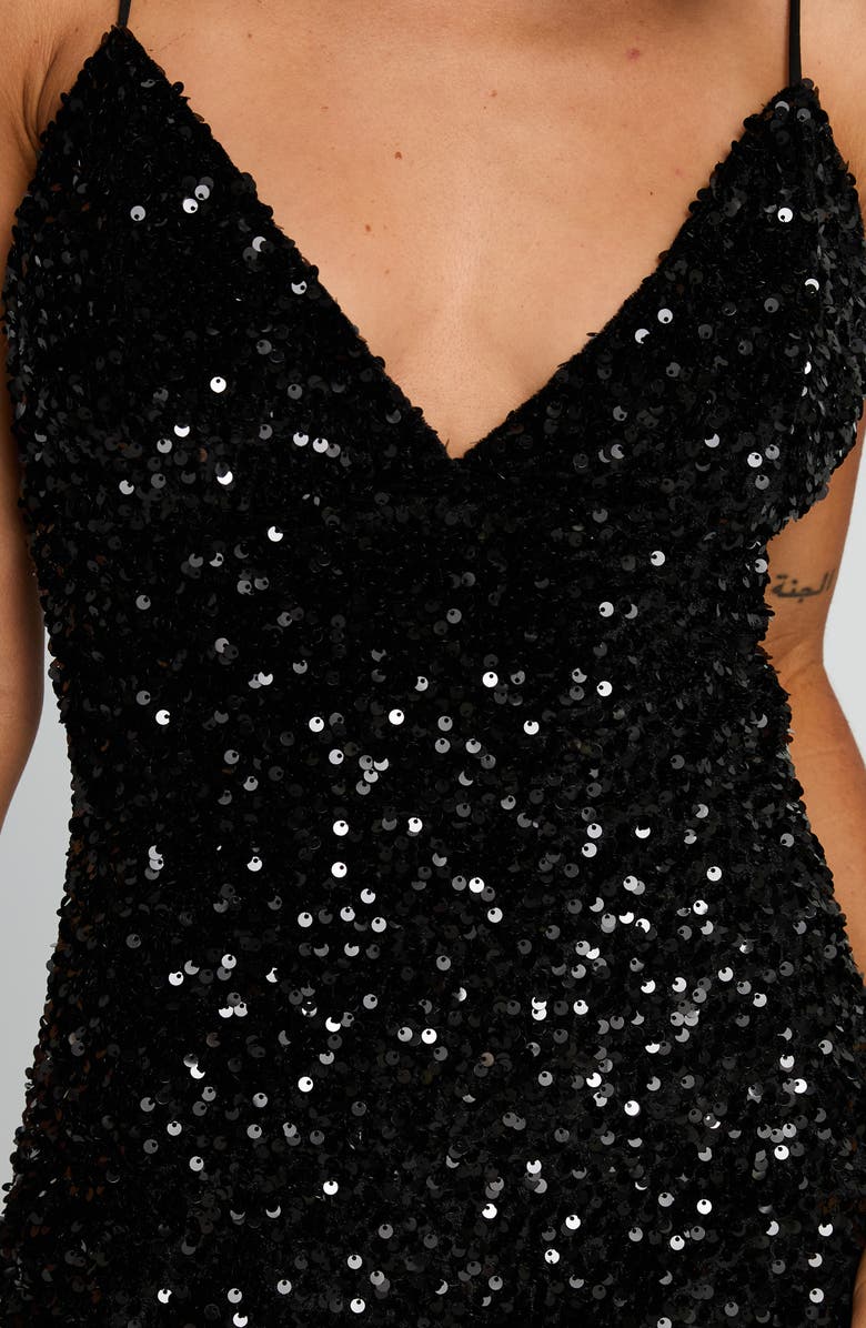 Princess Polly Charlette Sequin Velvet Minidress, Alternate, color, Black