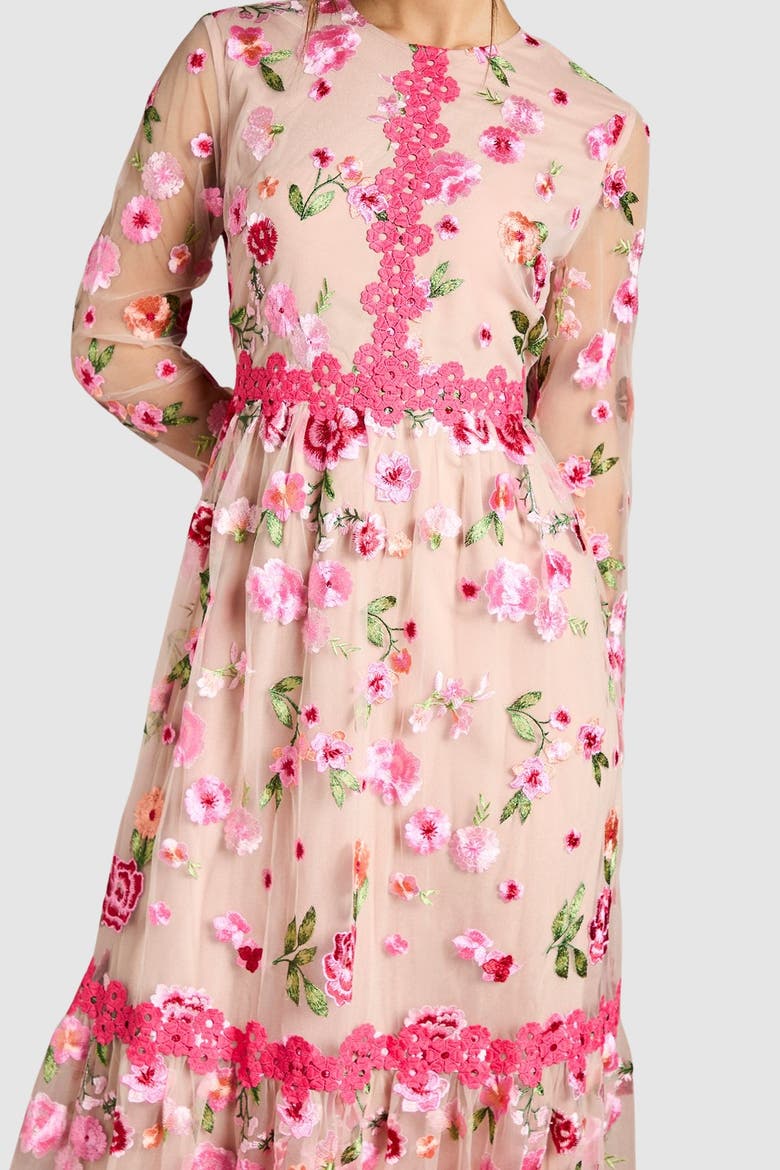 Embroidered Floral Midi Dress, Alternate, color, Nude