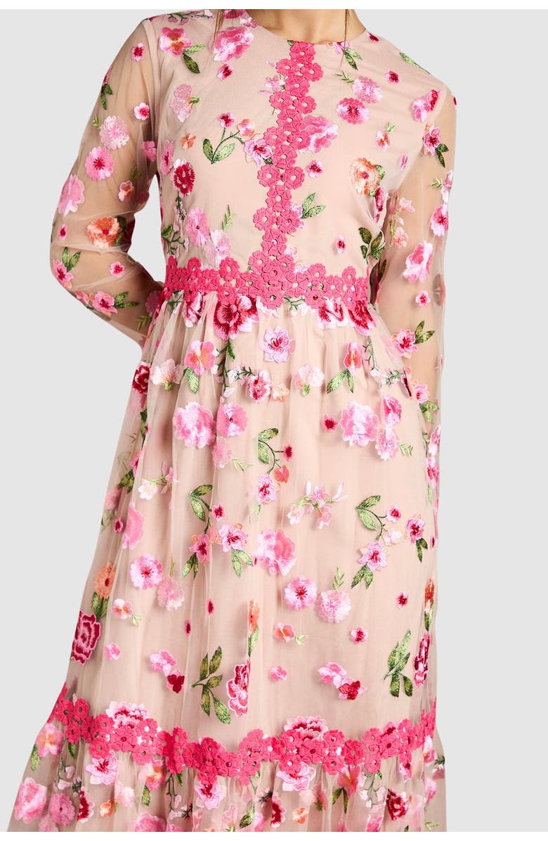 Coast Embroidered Floral Midi Dress, Alternate, color, Nude