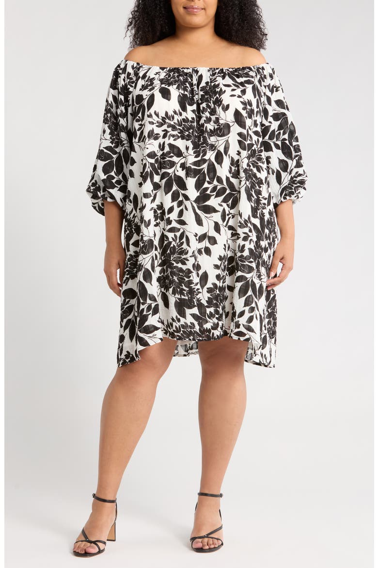 Floral Off the Shoulder Babydoll Dress, Main, color, BLACK/ WHITE