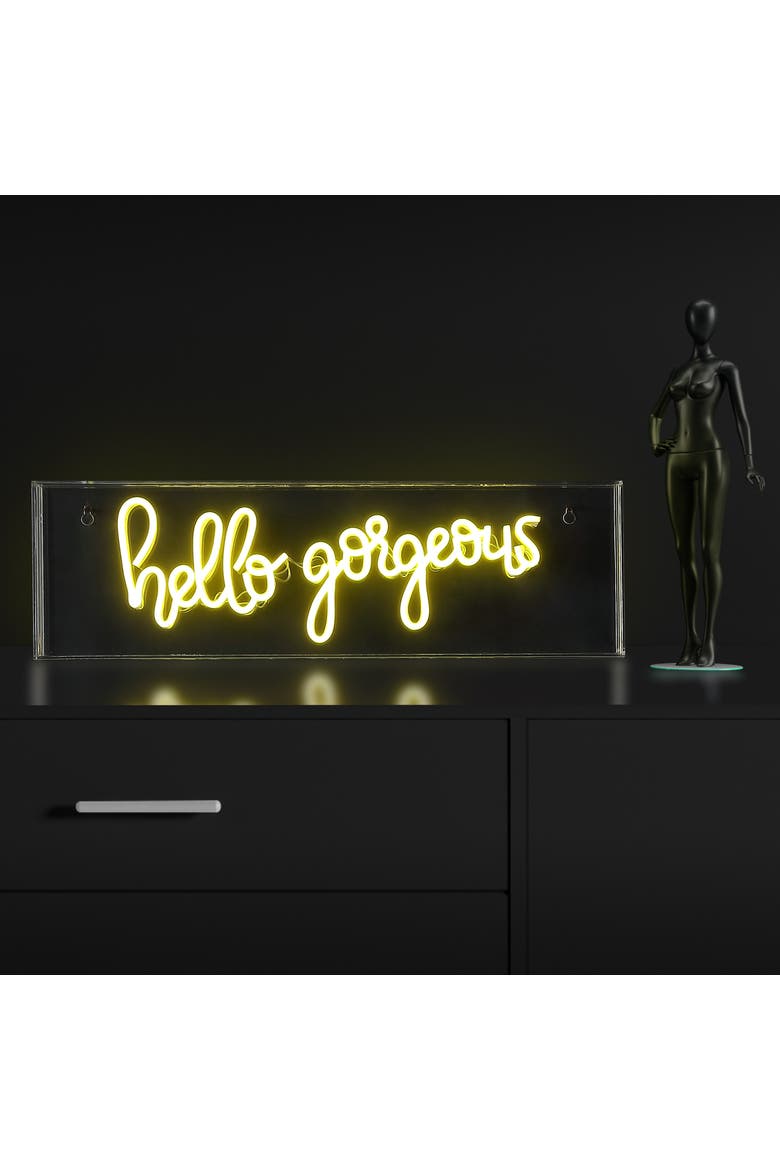 Hello Contemporary Glam Acrylic Box USB Operated LED Neon Light, Alternate, color, Yellow