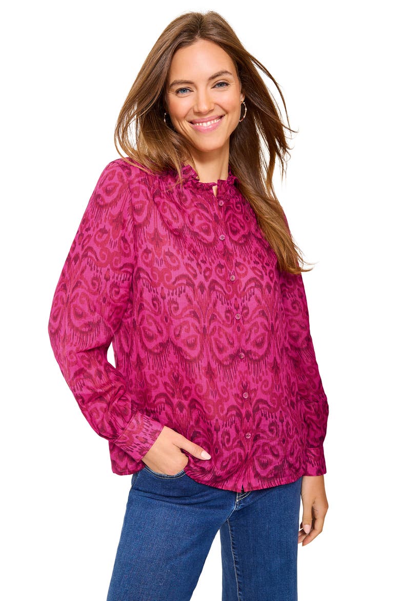 Seaside Ikat Ruffle Neck Shirt, Alternate, color, PINK PAPAYA