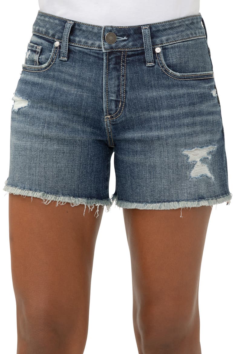 Suki Curvy Frayed Mid Rise Denim Shorts, Main, color, INDIGO
