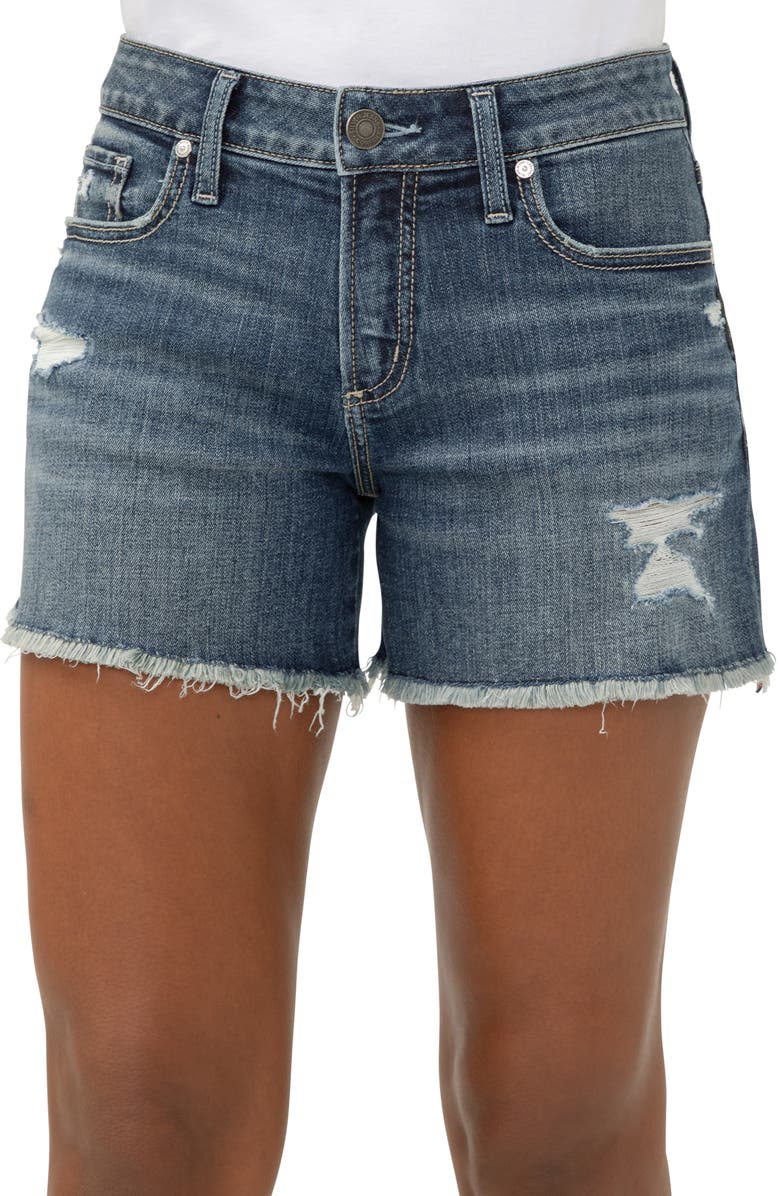 Silver Jeans Co. Suki Curvy Frayed Mid Rise Denim Shorts, Main, color, Indigo
