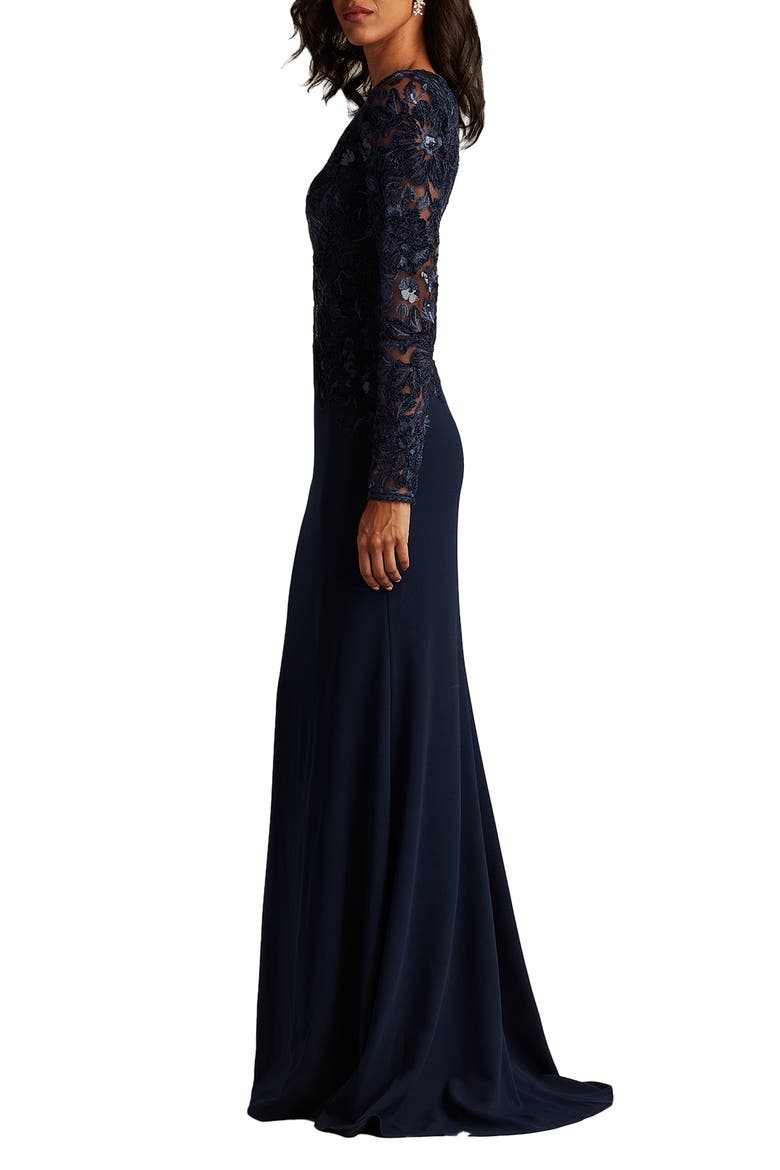 Embroidered Bodice Long Sleeve Gown, Alternate, color, NAVY/ NAVY