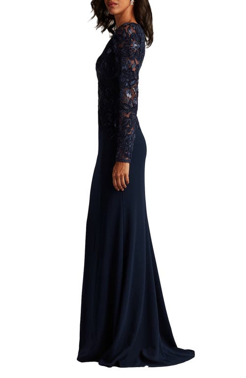 Tadashi Shoji Embroidered Bodice Long Sleeve Gown In Blue