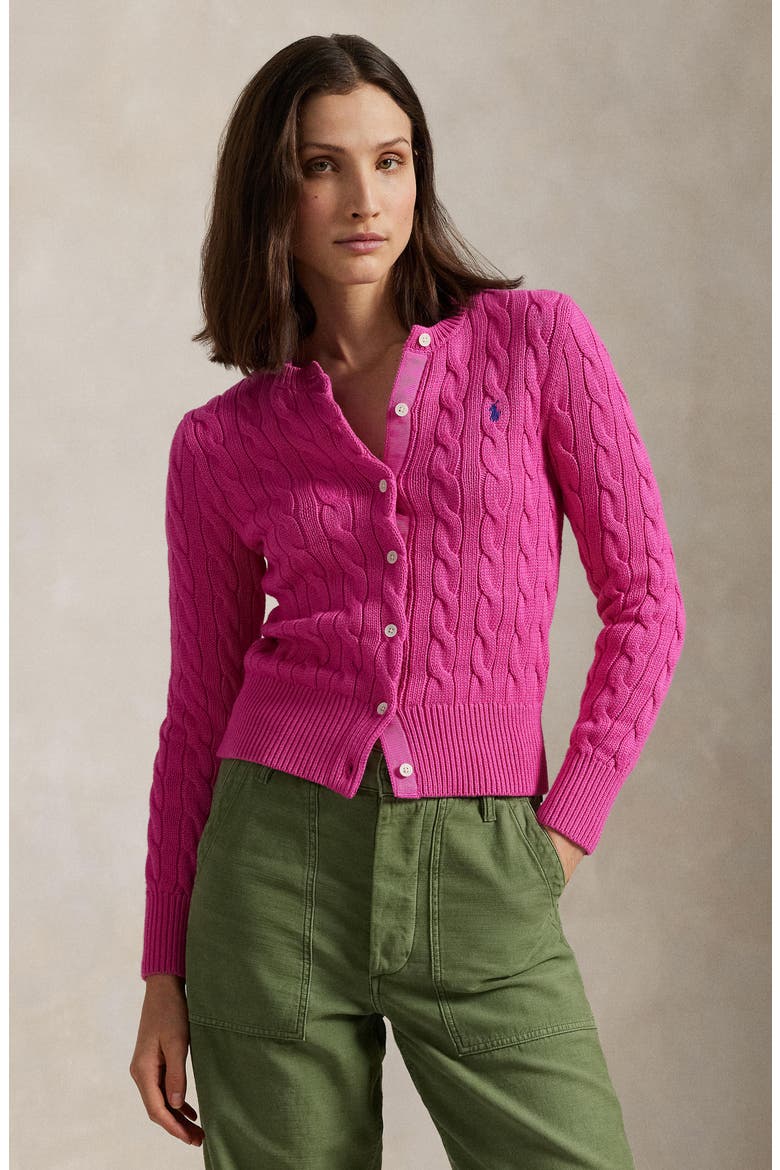 Cable Knit Cotton Crewneck Cardigan, Alternate, color, REGATTA PINK