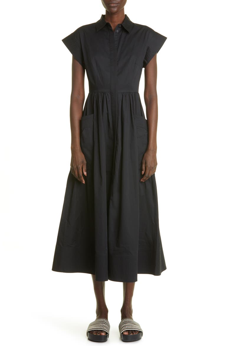 Cap Sleeve Cotton Poplin Midi Dress, Main, color, 001 BLACK