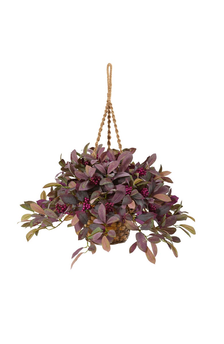 NEARLY NATURAL 28-in Fall Laurel Leaf with Berries Artificial Plant in Hanging Basket, Main, color, Lavender