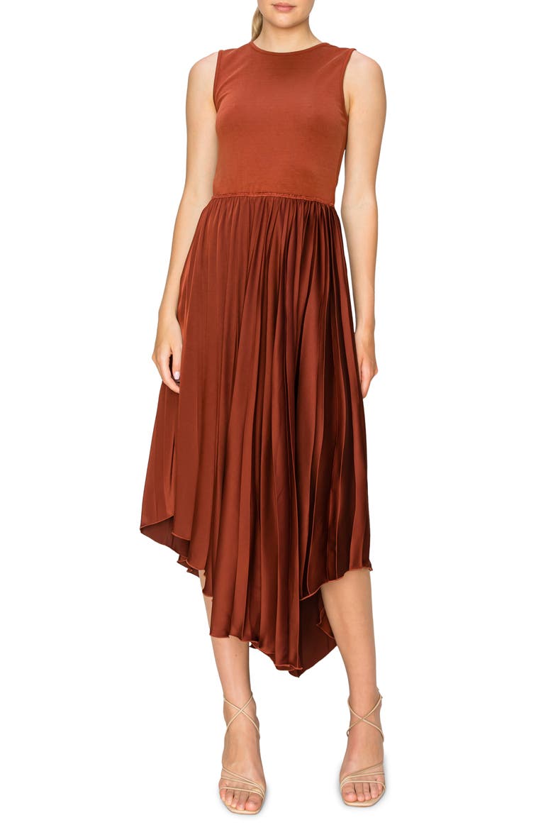 Mixed Media Sleeveless Asymmetric Dress, Main, color, RUST