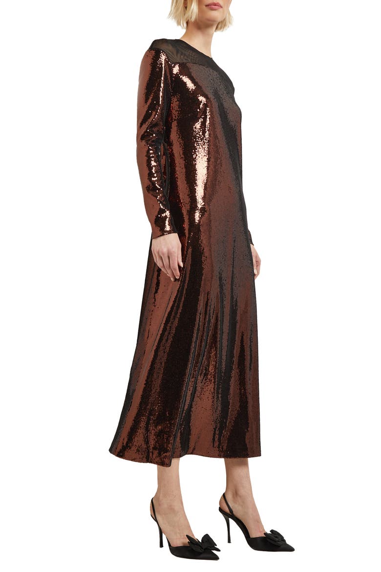 Sheer Inset Long Sleeve Sequin Cocktail Dress, Alternate, color, MAHOGANY