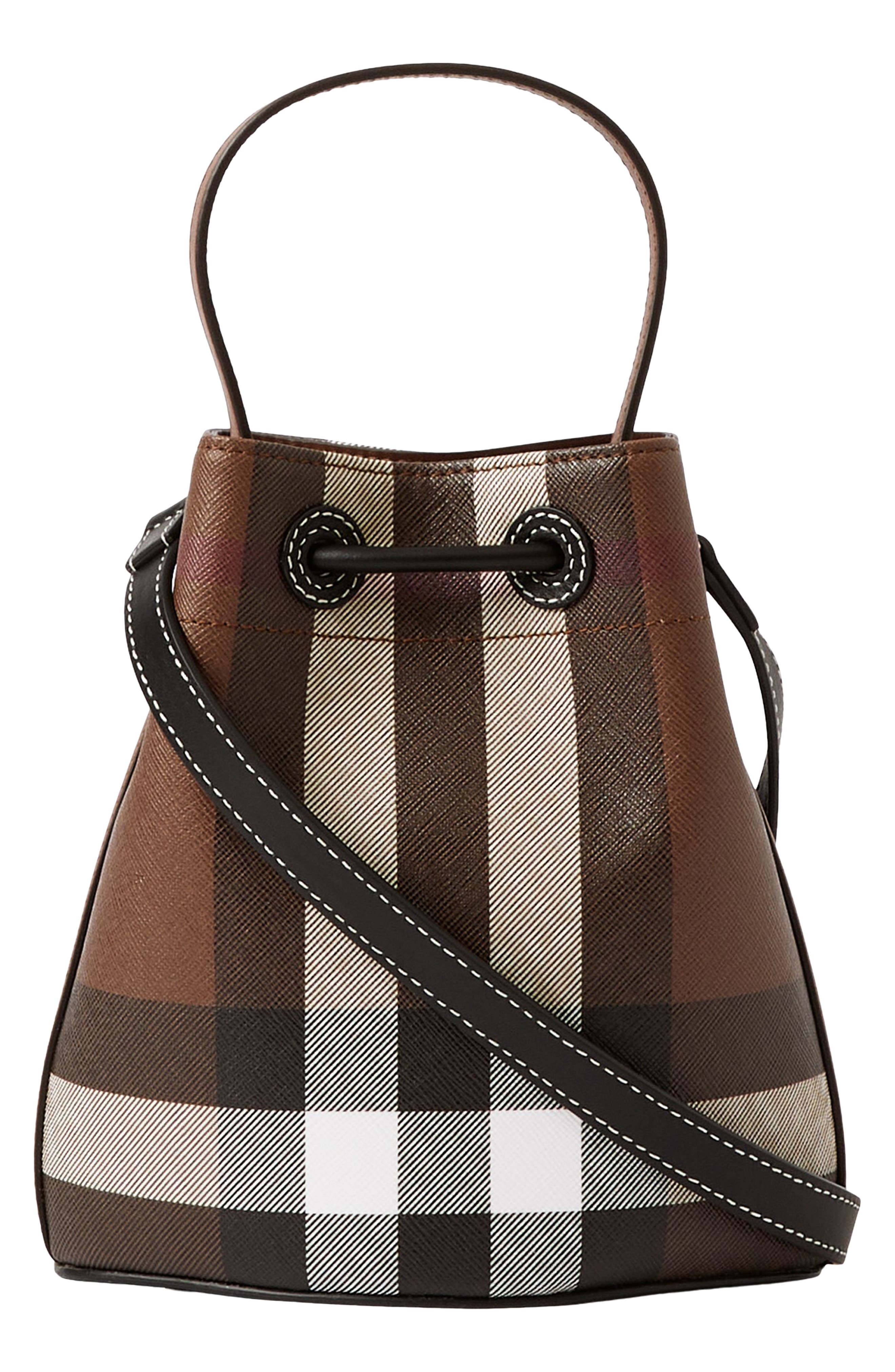 Burberry Mini Check Coated Canvas & Leather Bucket Bag, Alternate, color, 