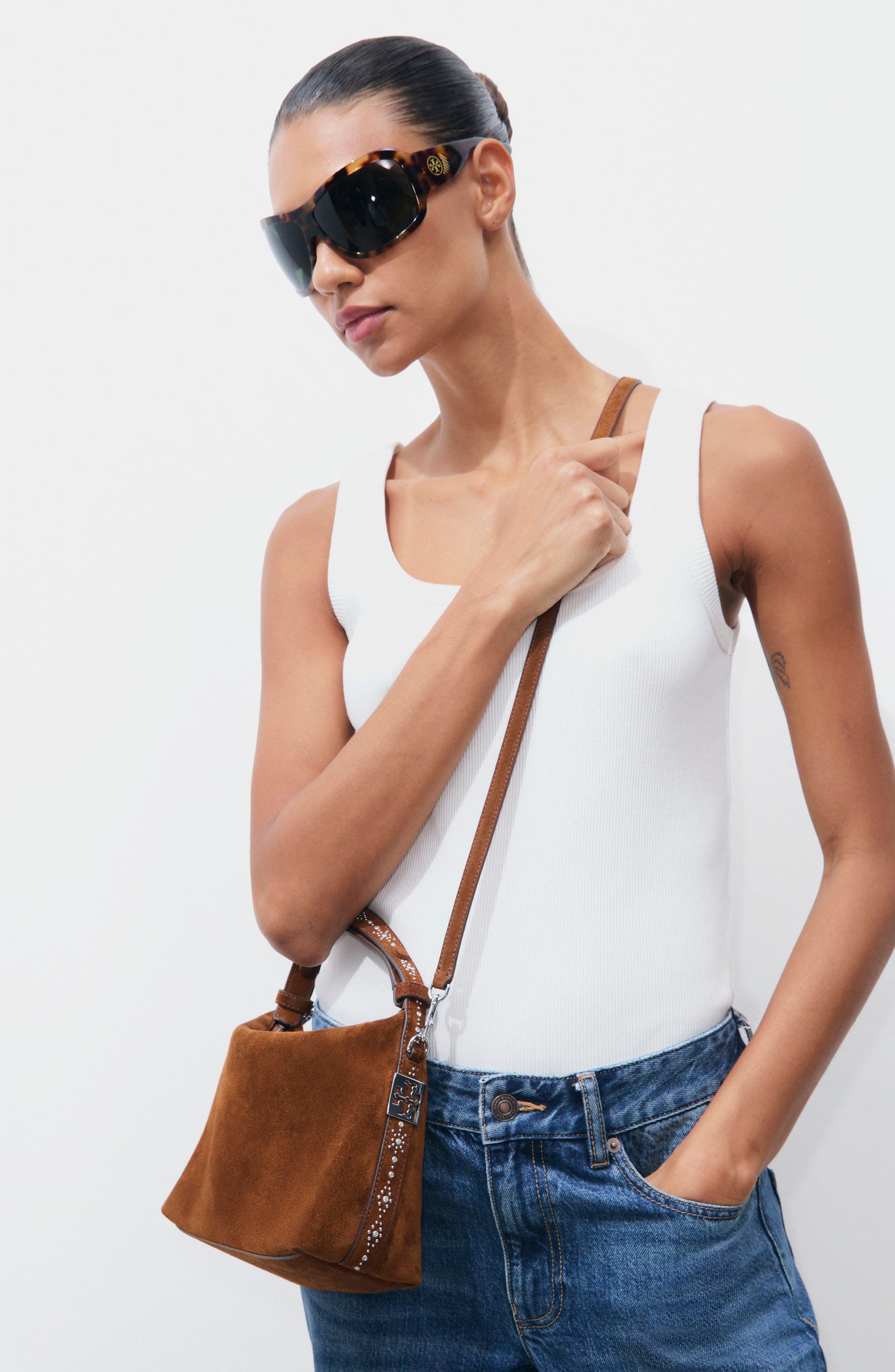 Mellow Studded Suede Shoulder Bag, Alternate, color, CARAMEL