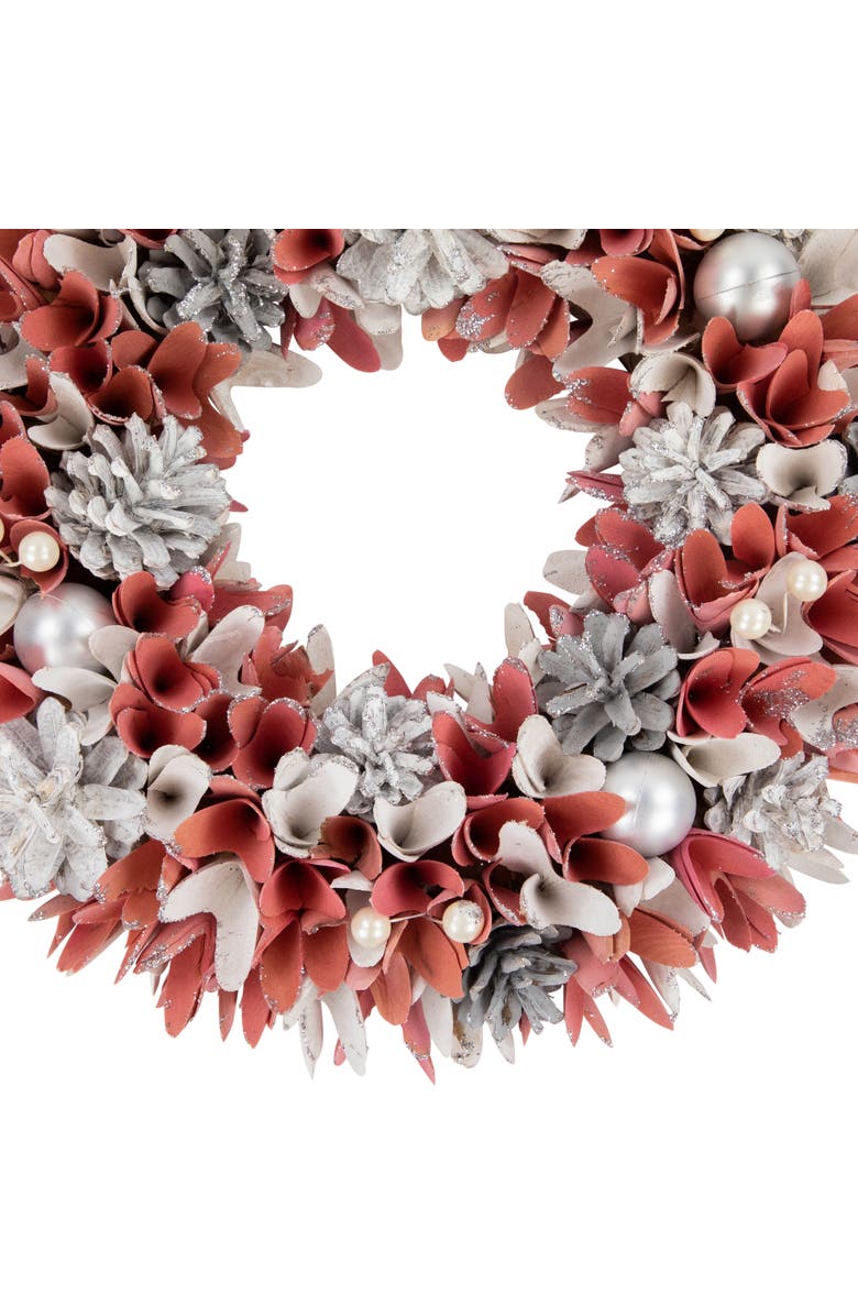 Northlight 13" Pink and White Wooden Floral Christmas Wreath with Pinecones, Alternate, color, Pink