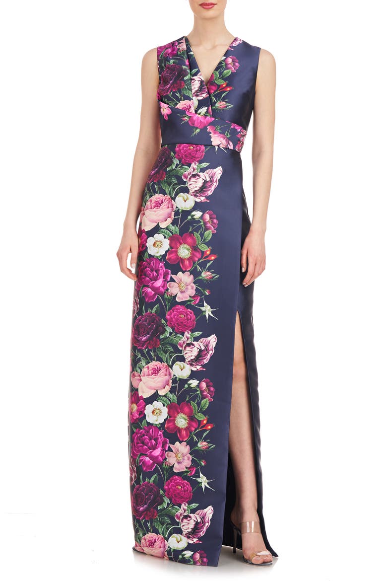 Coraline Floral Faux Wrap Sheath Gown, Main, color, DARK MIDNIGHT