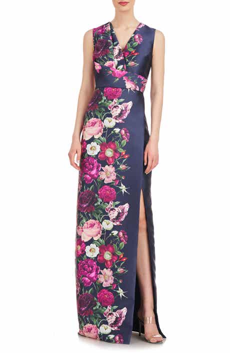 Kay Unger Coraline Floral Faux Wrap Sheath Gown