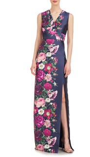 Kay Unger Coraline Floral Faux Wrap Sheath Gown