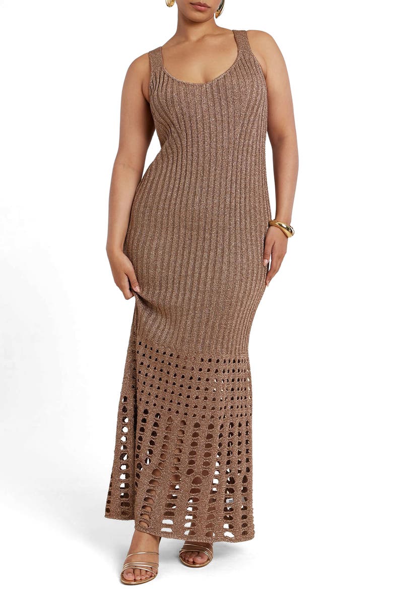 ELOQUII Metallic Open Stitch Maxi Sweater Dress, Main, color, 