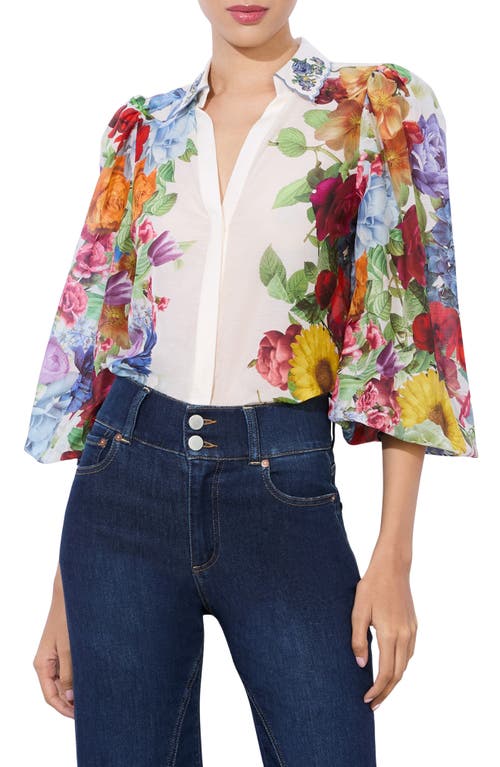 Shop Alice And Olivia Alice + Olivia Roanne Placed Floral Cotton & Silk Button-up Shirt In Garden Brunch Off White