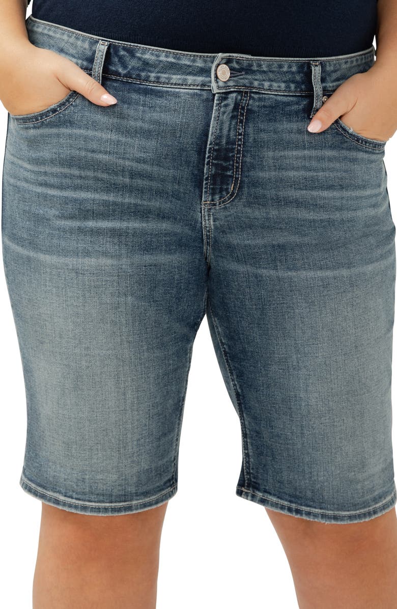 Silver Jeans Co. Elyse Curvy Mid Rise Denim Bermuda Shorts, Alternate, color, 