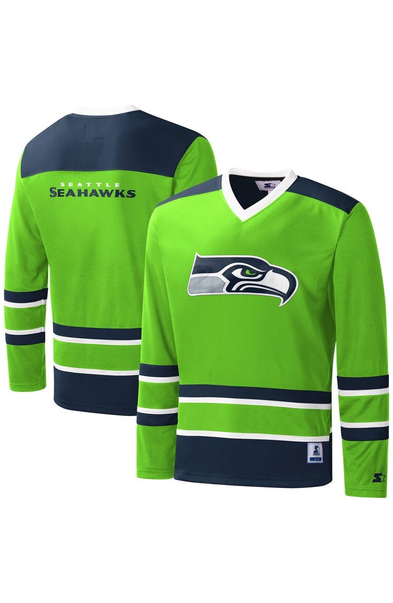 STARTER Men's Starter Neon Green Seattle Seahawks Cross-Check V-Neck Long Sleeve T-Shirt, Main, color, Neon Green