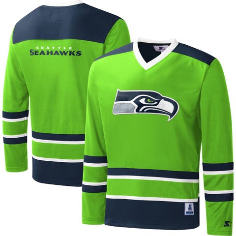 Men's Starter Neon Green Seattle Seahawks Cross-Check V-Neck Long Sleeve T-Shirt