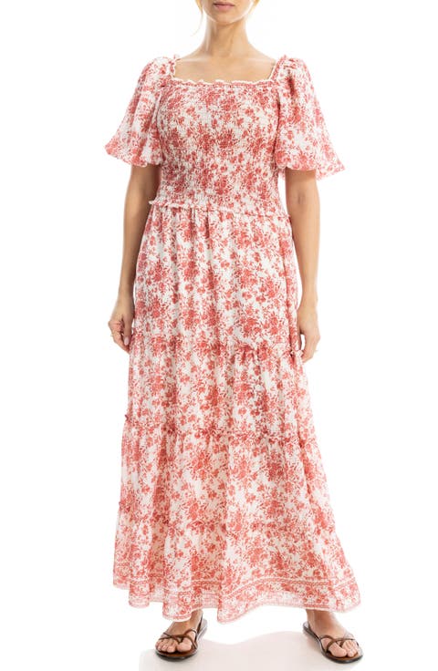 Print Smocked Puff Sleeve Maxi Dress