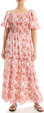 MAX STUDIO Print Smocked Puff Sleeve Maxi Dress