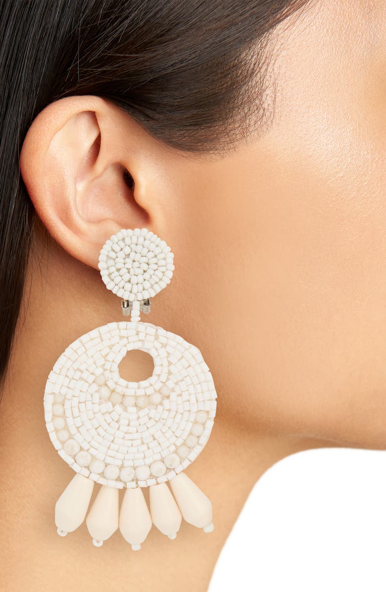 Kenneth Jay Lane Beaded Drop Clip-On Earrings, Alternate, color, Polished Gold/ White