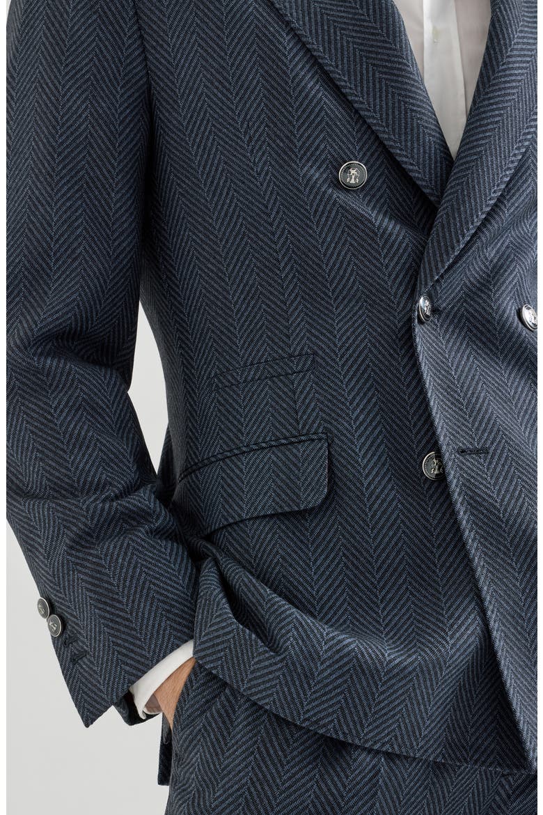 Cashmere and silk chevron flannel one-and-a-half breasted deconstructed blazer with metal buttons, Alternate, color, Navy Blue