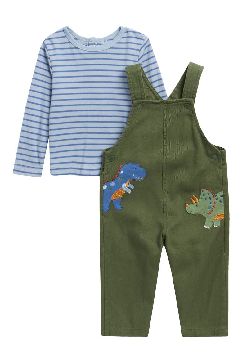 Stripe T-Shirt & Dinos Overalls Set, Main, color, GREEN