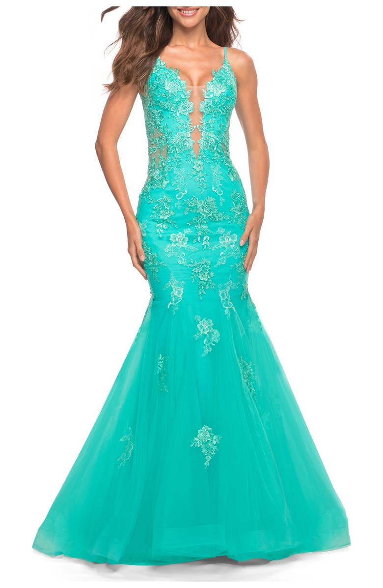 La Femme Tulle and Lace Mermaid Gown in Aqua, Alternate, color, Aqua